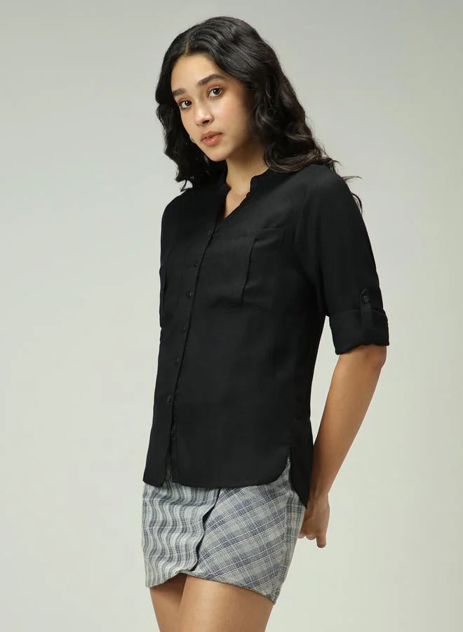 OUTZIDR Black Solid Shirt with Roll-Up Sleeves