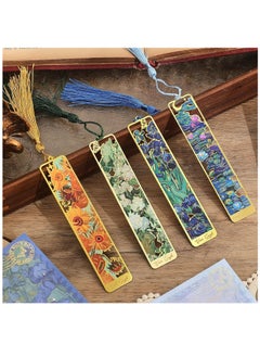 4 Pack Golden Metal Bookmarks with Tassel, Oil Painting Theme, for Book Lovers, Readers, and Writers.