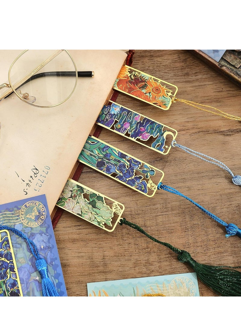 Oasisgalore - 4 Pack Golden Metal Bookmarks with Tassel, Oil Painting Theme, for Book Lovers, Readers, and Writers. - Image 1
