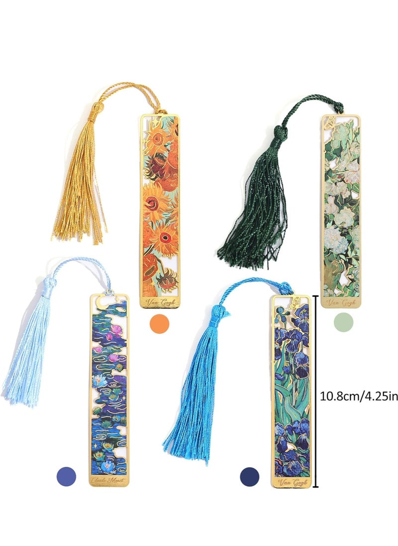 Oasisgalore - 4 Pack Golden Metal Bookmarks with Tassel, Oil Painting Theme, for Book Lovers, Readers, and Writers. - Image 1