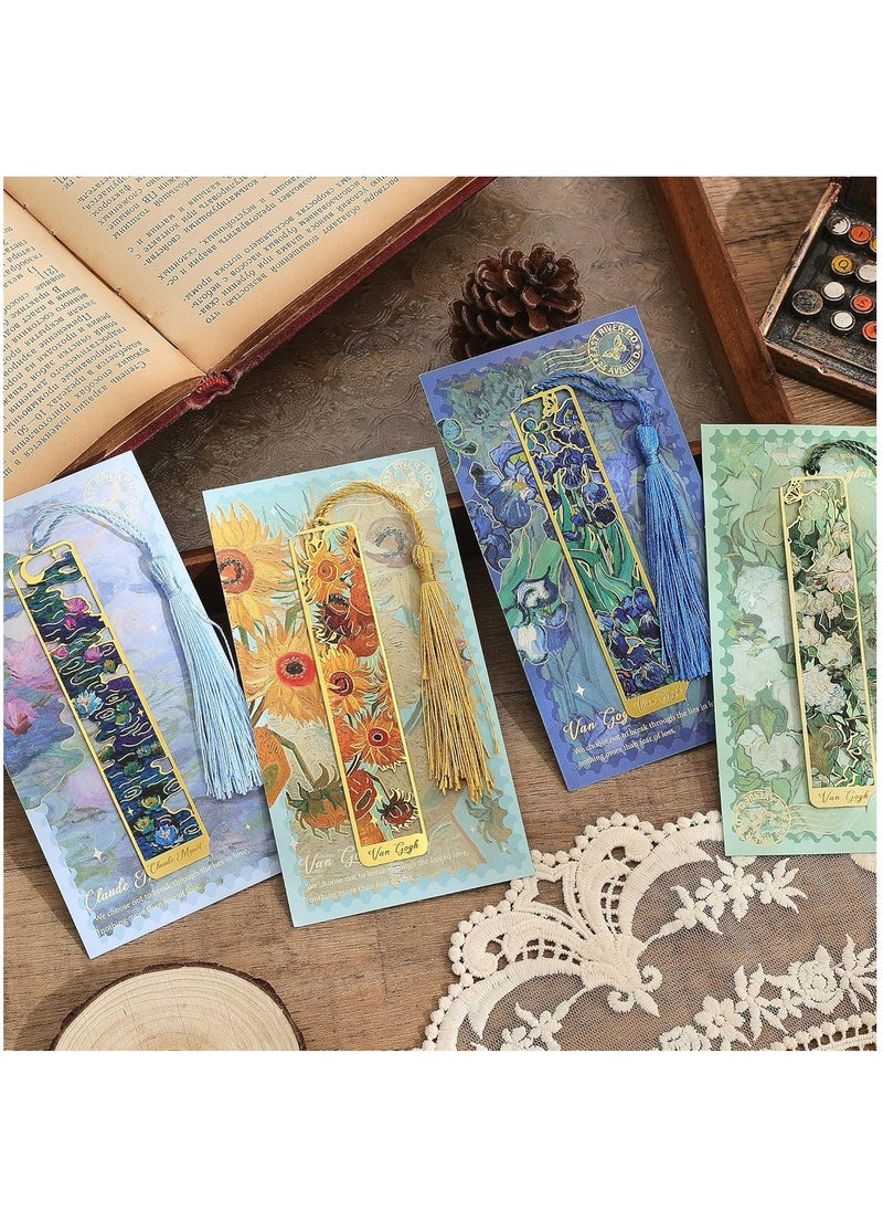 Oasisgalore - 4 Pack Golden Metal Bookmarks with Tassel, Oil Painting Theme, for Book Lovers, Readers, and Writers. - Image 1
