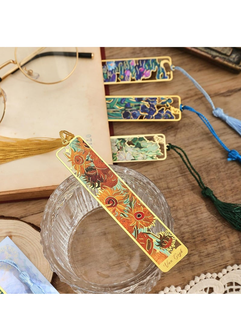 Oasisgalore - 4 Pack Golden Metal Bookmarks with Tassel, Oil Painting Theme, for Book Lovers, Readers, and Writers. - Image 1