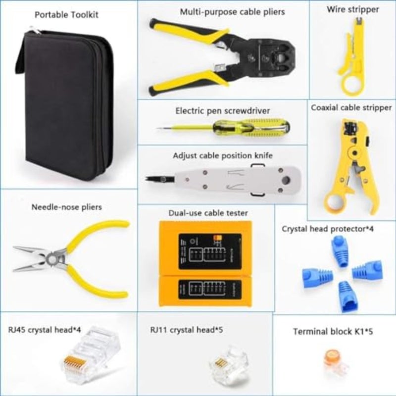 مجموعة أدوات العقص لـ RJ11/ RJ12/ CAT5/ CAT6/ Cat5e، مجموعة أدوات إصلاح شبكة صيانة الكمبيوتر الاحترافية تتضمن جهاز اختبار الكابلات وأداة تجعيد المكشكش وأداة المشبك - Image 2