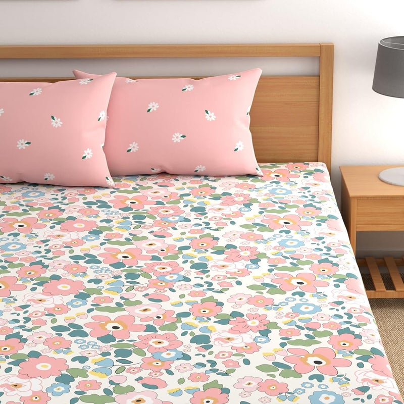 DREAMLET Prime Collections 180TC Glace Cotton Breathable Supersoft Wrinkelfree Double Flat Bedsheet with 2 King Size Pillow Covers Pink Multi Flat - Image 4