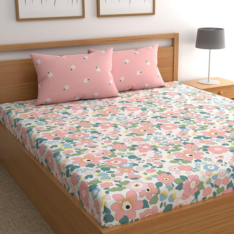 DREAMLET Prime Collections 180TC Glace Cotton Breathable Supersoft Wrinkelfree Double Flat Bedsheet with 2 King Size Pillow Covers Pink Multi Flat - Image 1