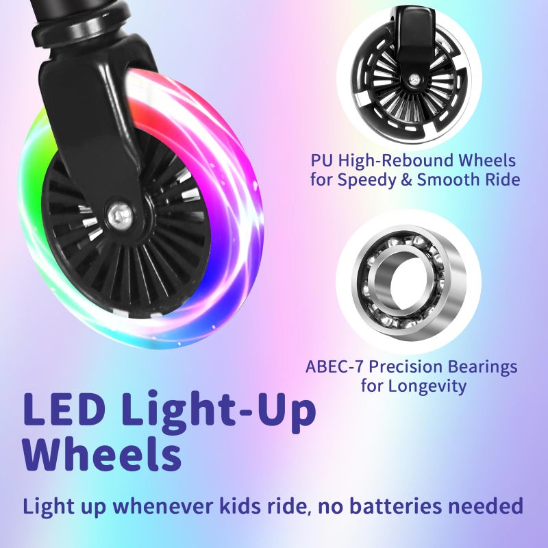 BELEEV Scooters for Kids with Light-Up Wheels & Stem & Deck, 2 Wheel Folding Scooter for Girls Boys, 4 Adjustable Height, Lightweight Kick Scooter with Kickstand for Children Ages 3-12 (Dark Black) - Image 3