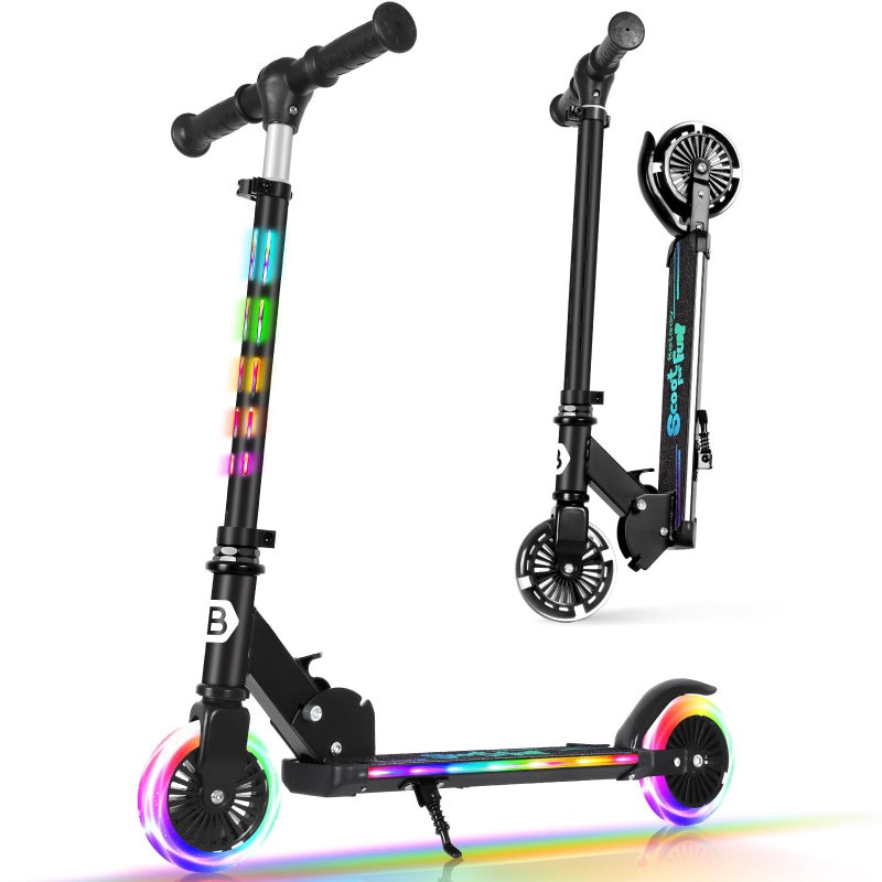 BELEEV Scooters for Kids with Light-Up Wheels & Stem & Deck, 2 Wheel Folding Scooter for Girls Boys, 4 Adjustable Height, Lightweight Kick Scooter with Kickstand for Children Ages 3-12 (Dark Black) - Image 1