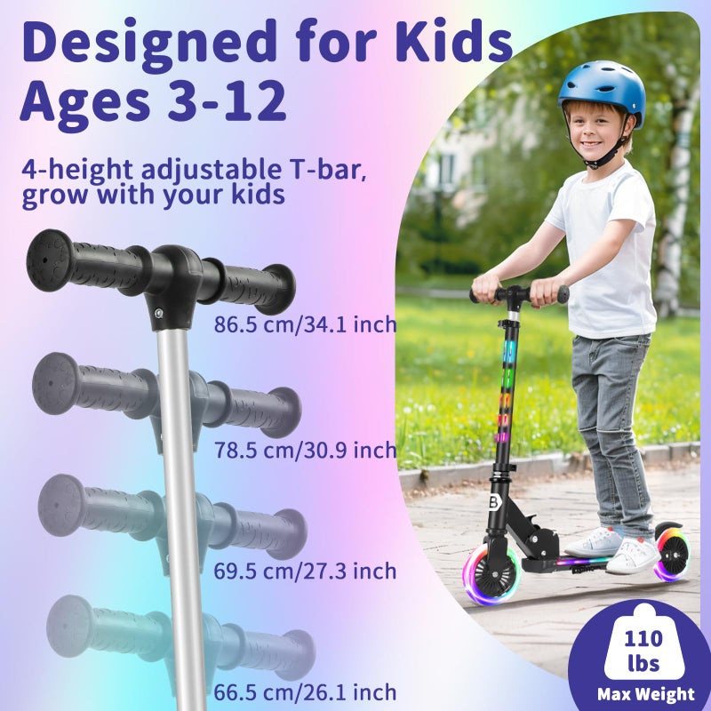 BELEEV Scooters for Kids with Light-Up Wheels & Stem & Deck, 2 Wheel Folding Scooter for Girls Boys, 4 Adjustable Height, Lightweight Kick Scooter with Kickstand for Children Ages 3-12 (Dark Black) - Image 4
