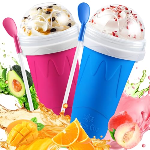 tgosomt 2 Pack Slushie Cup, Slushy Maker Cups, Magic Quick Frozen Squeeze Cups for Ice Cream Juice Milk Yogurt, DIY Smoothie Cooling Cup with Lid and Straw for Kids Friends Family (Blue and Pink) - Image 1