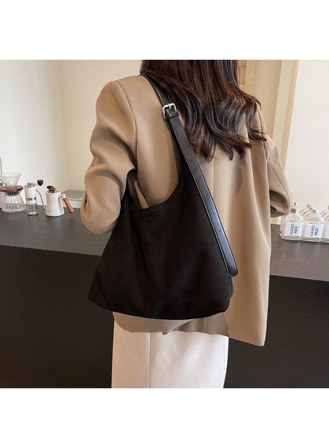 Women's Black Suede-Textured Hobo Tote Bag with Adjustable Strap, Large Capacity Shoulder Handbag - Image 2