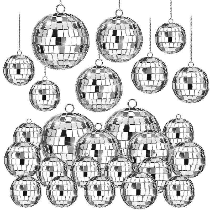 CLUEWR 20 Pcs Disco Balls, 4 Sizes Mini Mirror Ball Decorations Silver Hanging Ornaments with Rope for 70s Disco Theme Wedding Birthday Party Dance Music Prom Props - Image 1