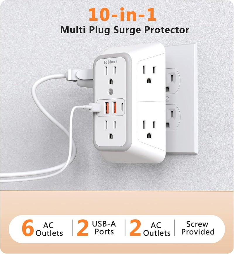 شاحن حائط USB مع واقي من زيادة التيار ومقبس تمديد مزود بـ 4 منافذ USB (2 USB C) ومقابس متعددة للتمديد ومحول متعدد المنافذ مع مسافات بين المقابس للاستخدام في المنزل والمكتب والسفر، أبيض (أبيض) - Image 2