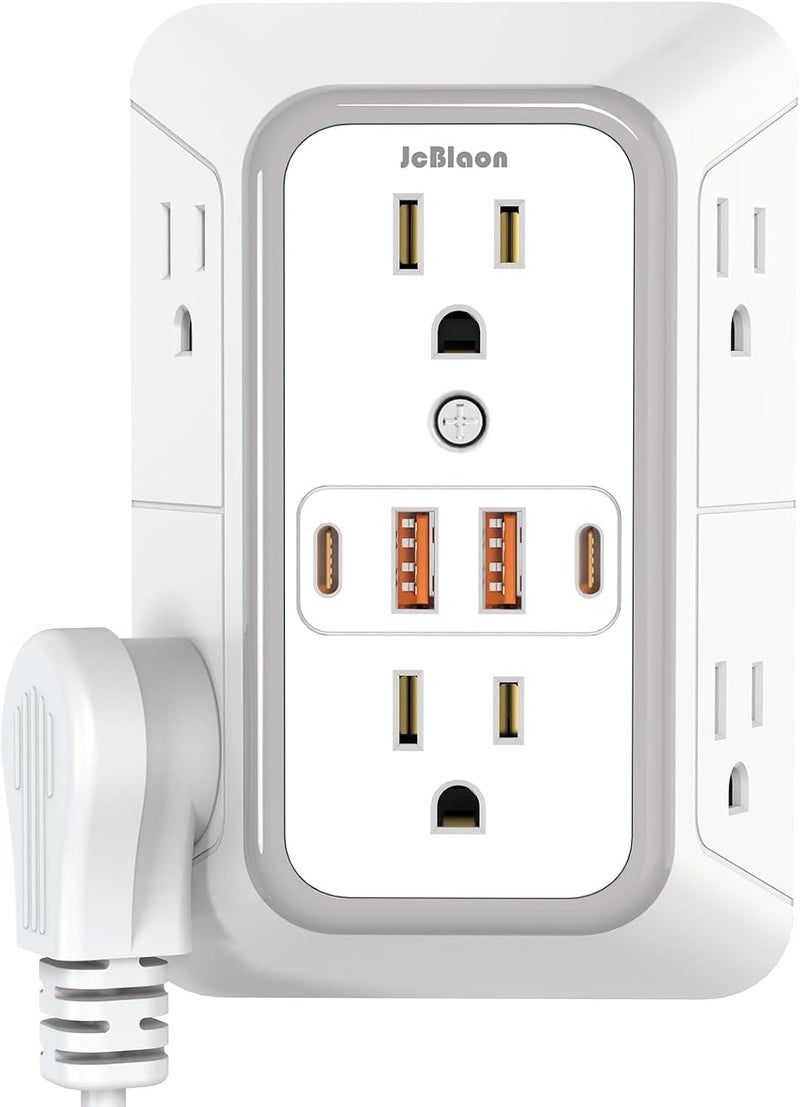 شاحن حائط USB مع واقي من زيادة التيار ومقبس تمديد مزود بـ 4 منافذ USB (2 USB C) ومقابس متعددة للتمديد ومحول متعدد المنافذ مع مسافات بين المقابس للاستخدام في المنزل والمكتب والسفر، أبيض (أبيض) - Image 1