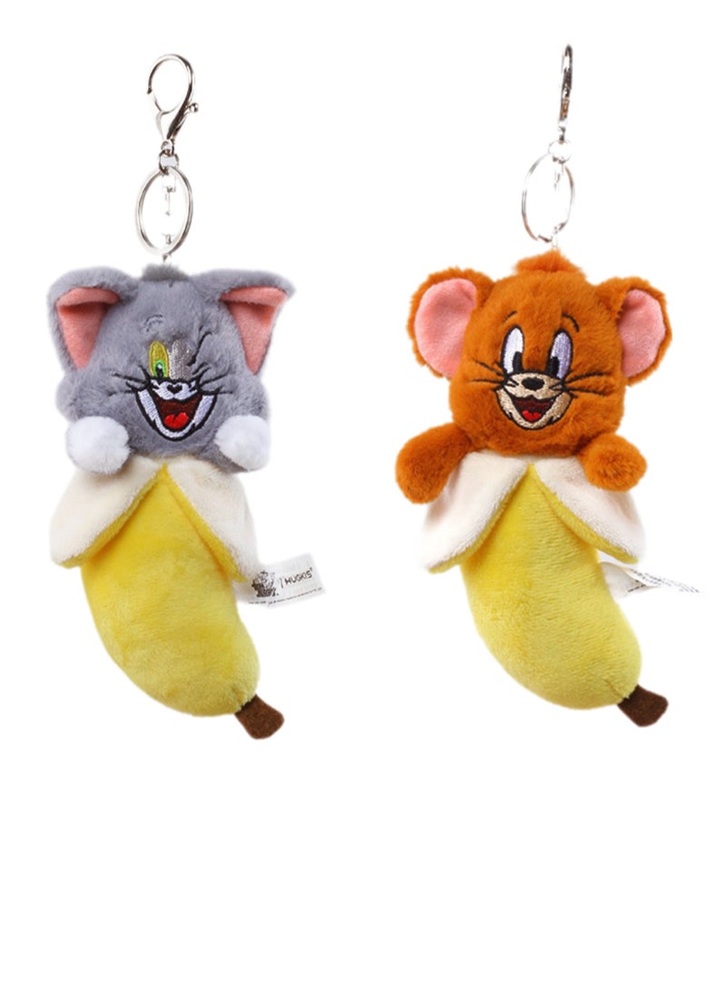 Generic 2-Piece Tom-Cat with Jerry-Mouse Stuffed Plush Toy Backpack Shoulder Bag Accessory Stuffed Animal Keychain Birthday Gift for Girls and Boys（14cm-Banana Style） - Image 1