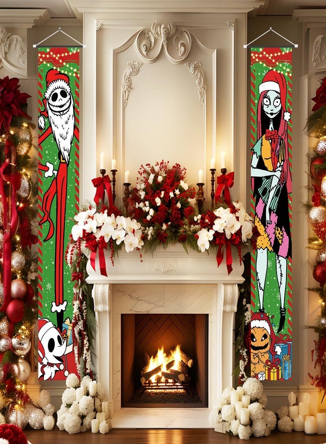 Tivee Christmas Decorations, Jack Sally Banners Xmas Porch Signs Christmas Decor Nightmare Merry Christmas Banner Before Welcome Wall Home Indoor Outdoor Party - Image 2