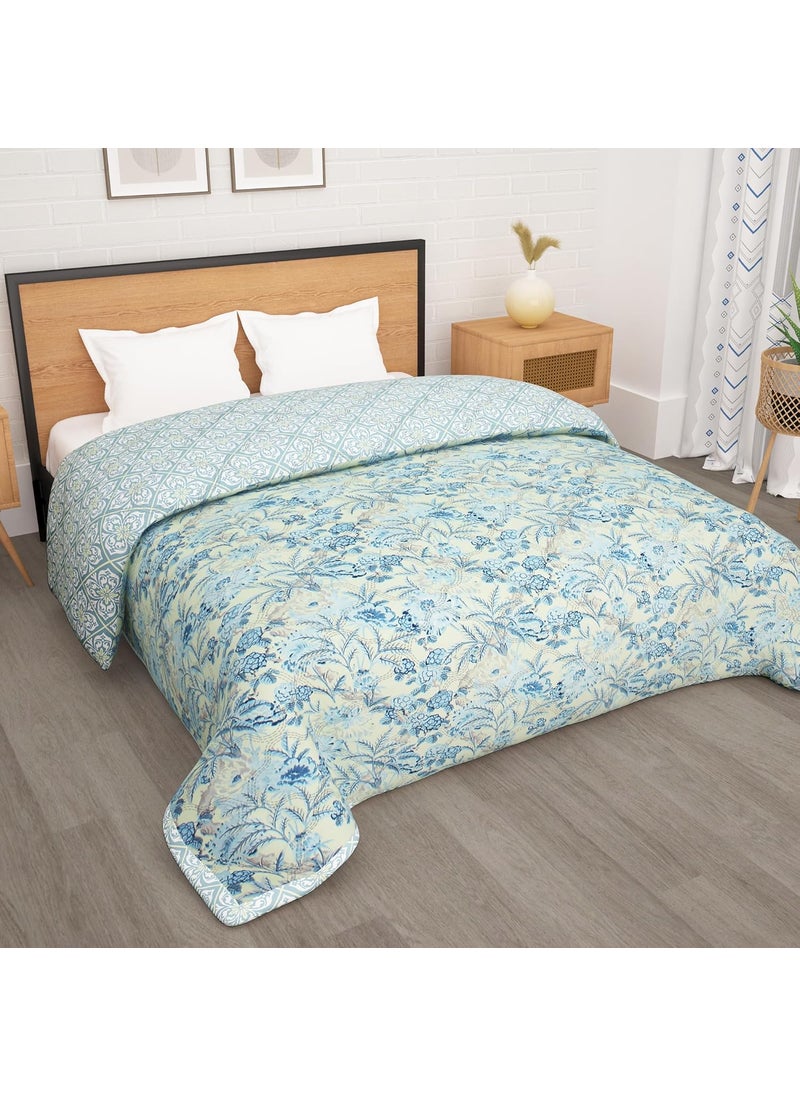 Story@Home Story@Home Comforter Double Bed | 180GSM Microfiber Blanket Double Bed | 220X 250cm | AC Comforter Double Bed | Cream & Blue Blanket | Floral Pattern | Quilt | Duvet | Dohar | Perfect Festive Gifting  - Image 1