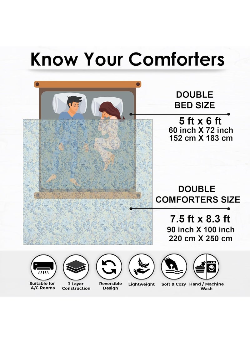 Story@Home Story@Home Comforter Double Bed | 180GSM Microfiber Blanket Double Bed | 220X 250cm | AC Comforter Double Bed | Cream & Blue Blanket | Floral Pattern | Quilt | Duvet | Dohar | Perfect Festive Gifting  - Image 2