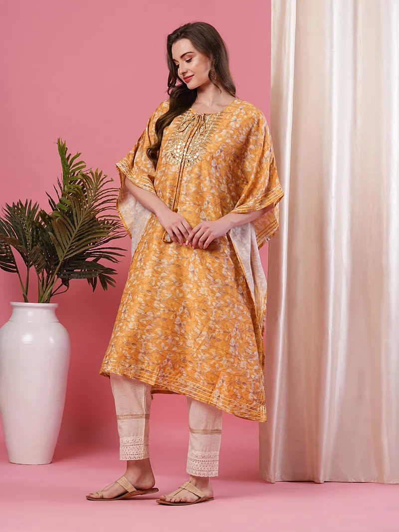 globus Women Floral Print Embroidered Yoke Asymmetric Hem Kaftan Kurta
