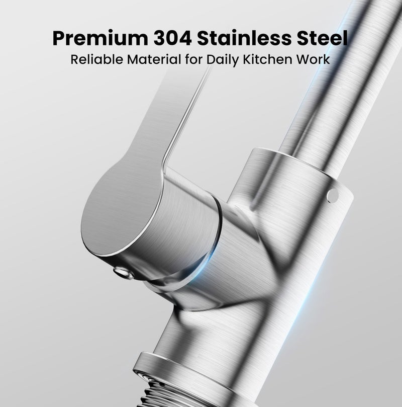 JOMOO Kitchen Faucet, 304 Stainless Steel High Arc 360° Swivel Spout Tap, Single Handle Hot & Cold Aerated Flow, Easy-Clean Brushed Finish, Ceramic Valve, 2 Stainless Steel Hoses – for Single/Double Bowl Sink - Image 5