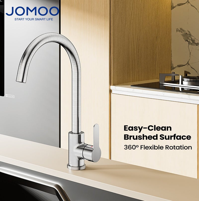 JOMOO Kitchen Faucet, 304 Stainless Steel High Arc 360° Swivel Spout Tap, Single Handle Hot & Cold Aerated Flow, Easy-Clean Brushed Finish, Ceramic Valve, 2 Stainless Steel Hoses – for Single/Double Bowl Sink - Image 2