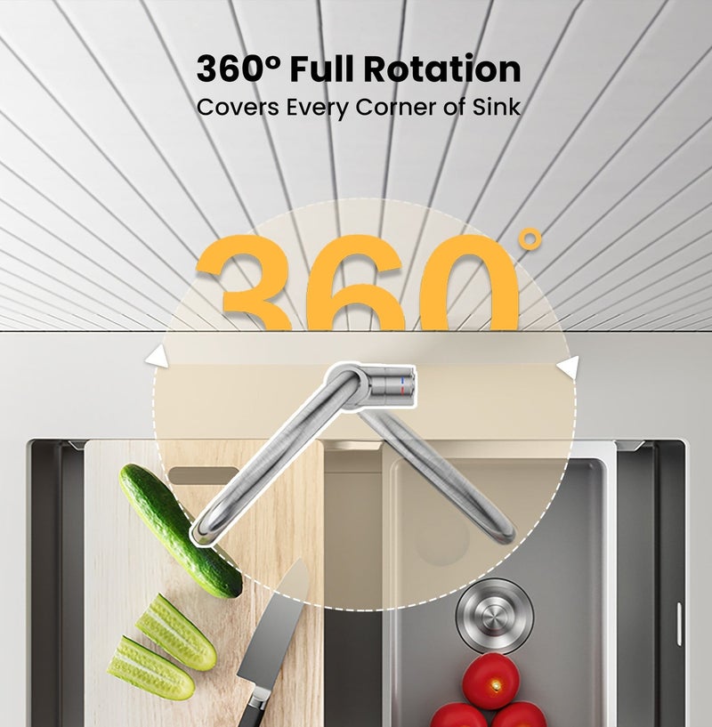 JOMOO Kitchen Faucet, 304 Stainless Steel High Arc 360° Swivel Spout Tap, Single Handle Hot & Cold Aerated Flow, Easy-Clean Brushed Finish, Ceramic Valve, 2 Stainless Steel Hoses – for Single/Double Bowl Sink - Image 4