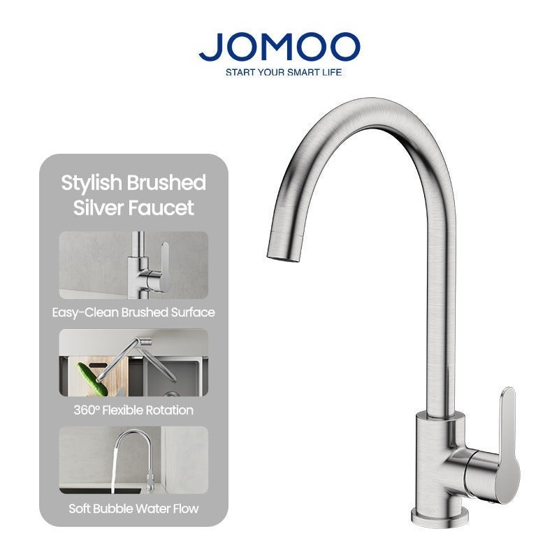 JOMOO Kitchen Faucet, 304 Stainless Steel High Arc 360° Swivel Spout Tap, Single Handle Hot & Cold Aerated Flow, Easy-Clean Brushed Finish, Ceramic Valve, 2 Stainless Steel Hoses – for Single/Double Bowl Sink - Image 1