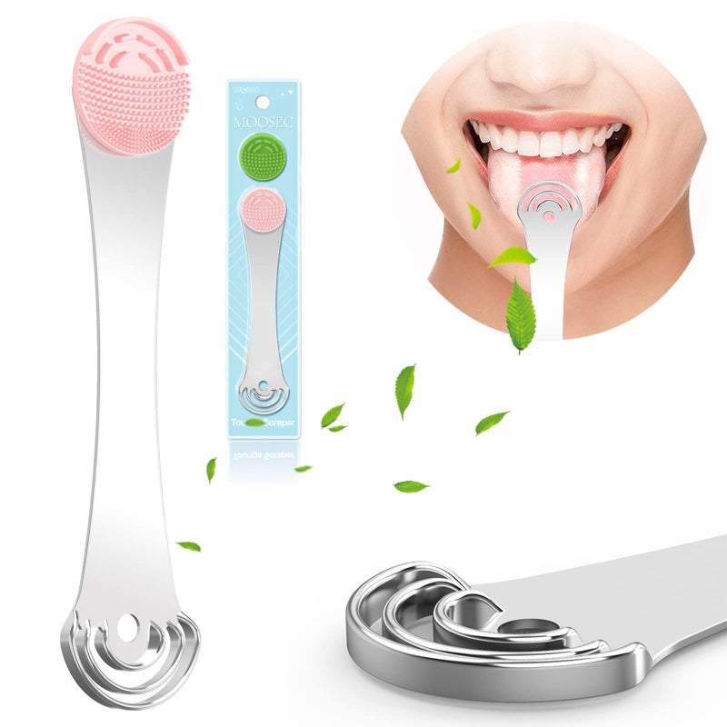 MOOSEC Tongue Scraper for Adults&Kids, Durable Food Grade 2 in 1 Silicone Tongue Brush and 100% Stainless Steel Tongue Scrapers, Reduce Bad Breath - Image 1