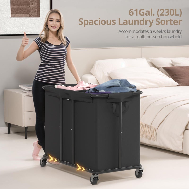 Hodonas Laundry Hamper with Wheels, 2-Section 230L (61Gal) Large Capacity, Heavy-Duty Rolling Clothes Basket with Silent Rubber Casters & Detachable Oxford Bags for Home, Black, 31.5"Lx15.75W"x30.7"H - Image 3