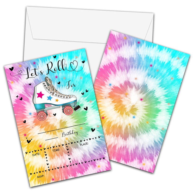 Foosproea Skating Birthday Invitations with Envelopes Roller Skate Party Invitation Card for Kids Tye Dye Fillin Invites Cards Lets Roll Party Celebration20 Pack 08