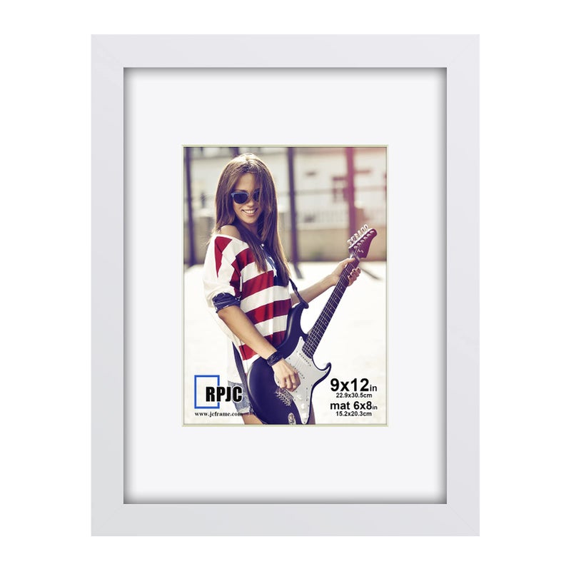 RPJC 9 x 12 Picture Frames Made of Solid Wood and High Definition Glass Display Pictures 6x8 with Mat or 9x12 Without Mat for Wall Mounting Photo Frame White