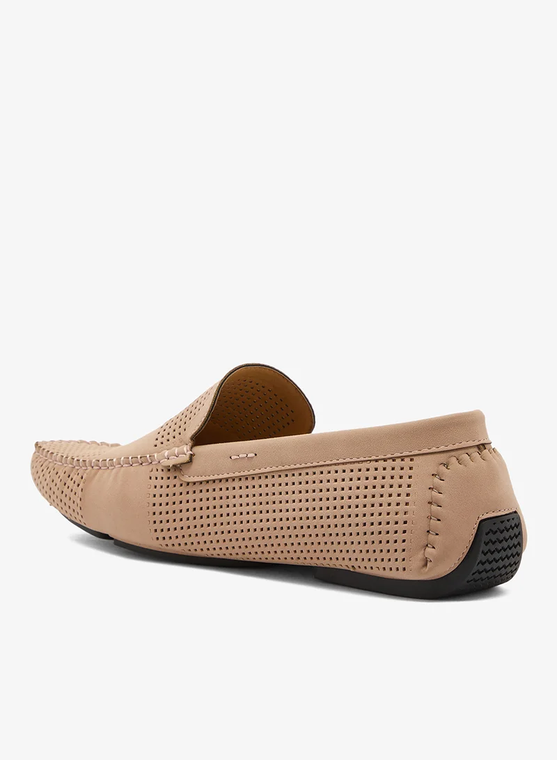 BRAVE SOUL MENS FAWN PERFORATED FAUX SUEDE LOAFER WITH UPPER STITCH DETAIL