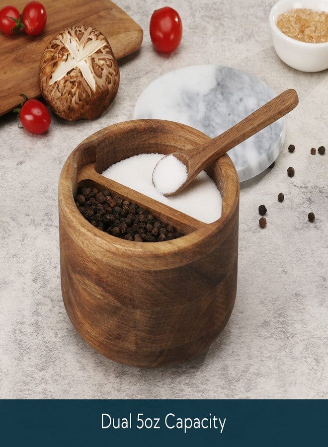 KITCHENDAO علبة ملح وفلفل من خشب الأكاسيا من كيتشنداو، وعاء تخزين مع غطاء من الرخام الرمادي وملعقة مدمجة، حاوية ملح كبيرة لتخزين الأعشاب وملح البحر والتوابل، سعة مزدوجة 5 أونصة - Image 3