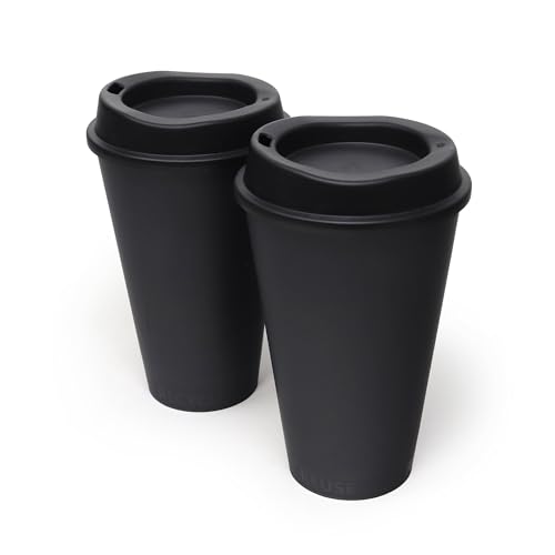 Rolling Sands USA Made 16 oz Reusable Coffee Cups with Lids 2 Pk, To Go Travel Cups, Hot or Cold Drinks, Dishwasher and Microwave Safe, Black - Image 1