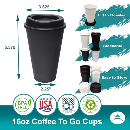 Rolling Sands USA Made 16 oz Reusable Coffee Cups with Lids 2 Pk, To Go Travel Cups, Hot or Cold Drinks, Dishwasher and Microwave Safe, Black - Image 2