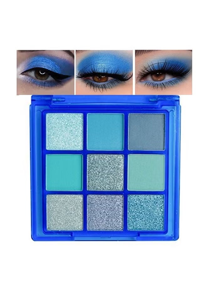 Tingphe Multi Color Eyes Palette,9 Colors Blue Glitter Eyeshadow Palette, Glitter Dark Light Royal Cobalt Baby Sky Navy Blue Metallic Shimmer Sparkly Eye Shadow Palette Makeup for Older Women Eyes, Highly Pigmented Eyeshadow - Image 1