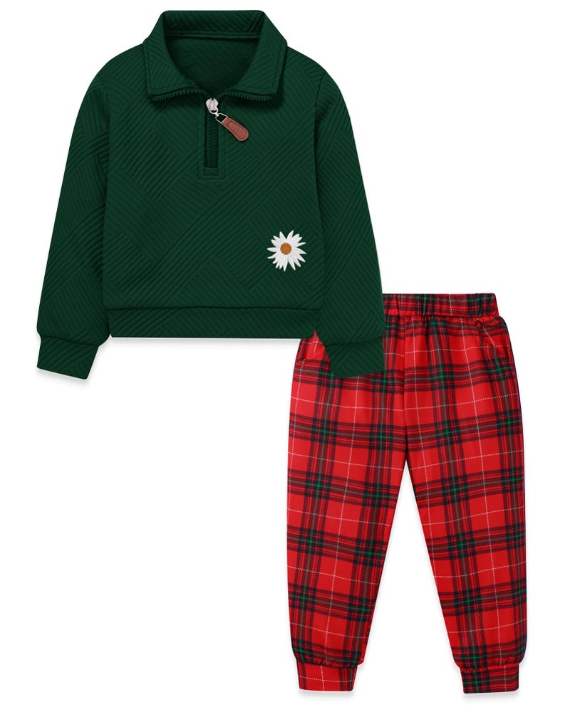 ZOEREA Little Girls Clothes Fall Winter Outfits 2 Piece Zip Tops Long Sleeve Fashion Clothing Set Green 4-5T - Image 1