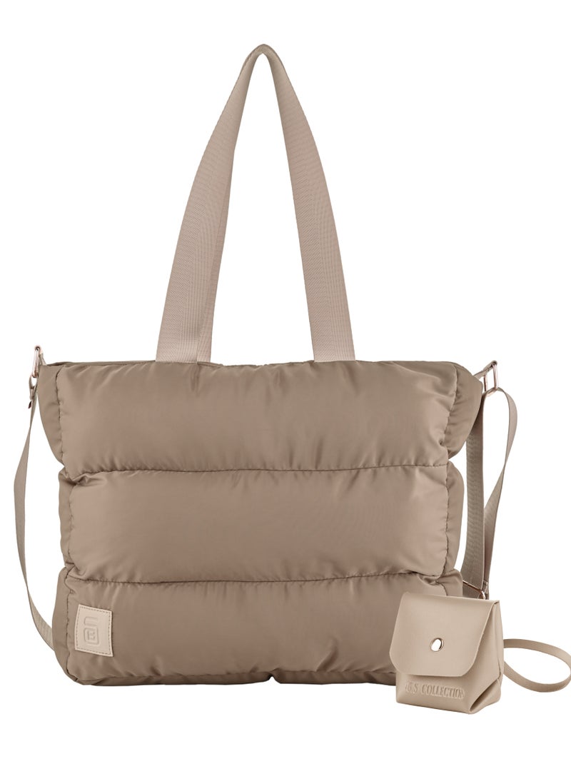 B.S COLLECTION Large capacity waterproof soft quilted shoulder bag and cross bag for women - Cafe  - Image 2