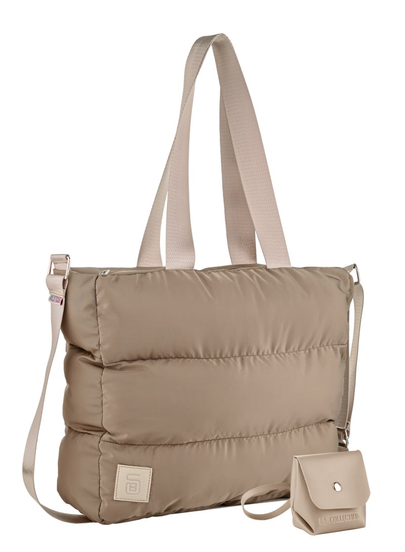 B.S COLLECTION Large capacity waterproof soft quilted shoulder bag and cross bag for women - Cafe  - Image 4