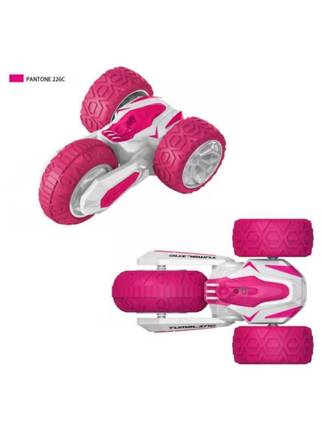 2.4G High-speed Rotating Children's Remote Control Toy Stunt Car Mini Remote Control Dump Double-sided Car Four-wheel Top Rotating-Color:Three Wheel Stunt Car Pink  - Image 1