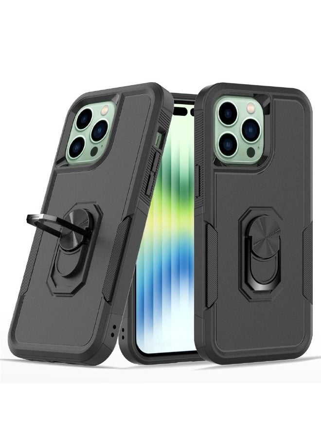 RUGGED SHIELD iPhone 15 Pro Case, Dual Layer Anti-Fall Heavy Duty Shockproof Full Body Protective Phone Cover, Built in 360° Rotatable Magnetic Ring Holder for Apple iPhone 15 Pro (Black)  - Image 1