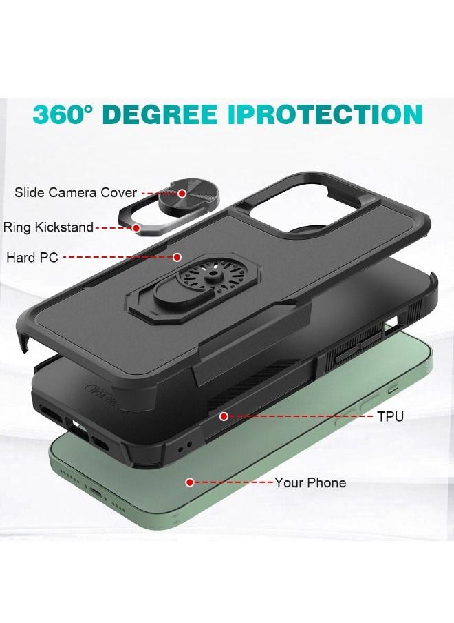 RUGGED SHIELD iPhone 15 Pro Case, Dual Layer Anti-Fall Heavy Duty Shockproof Full Body Protective Phone Cover, Built in 360° Rotatable Magnetic Ring Holder for Apple iPhone 15 Pro (Black)  - Image 3