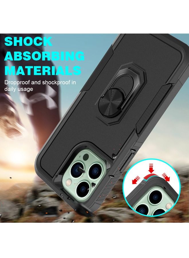 iPhone 15 Pro Case, Dual Layer Anti-Fall Heavy Duty Shockproof Full Body Protective Phone Cover, Built in 360° Rotatable Magnetic Ring Holder for Apple iPhone 15 Pro (Black)