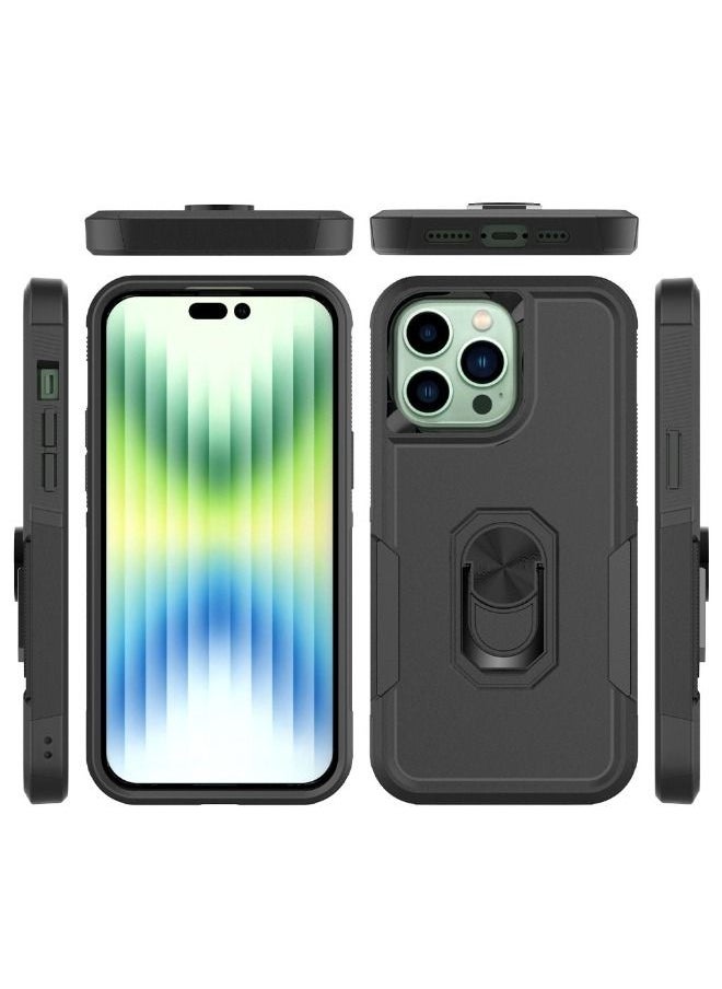 RUGGED SHIELD iPhone 15 Pro Case, Dual Layer Anti-Fall Heavy Duty Shockproof Full Body Protective Phone Cover, Built in 360° Rotatable Magnetic Ring Holder for Apple iPhone 15 Pro (Black)  - Image 2