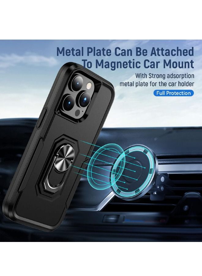 iPhone 15 Pro Case, Dual Layer Anti-Fall Heavy Duty Shockproof Full Body Protective Phone Cover, Built in 360° Rotatable Magnetic Ring Holder for Apple iPhone 15 Pro (Black)