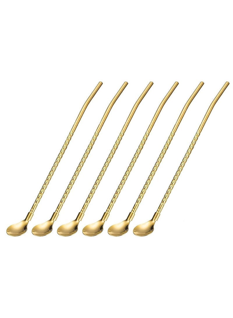 MARKQ [Pack of 6] Gold Stainless Steel Spoon Straws - Reusable Metal Long Handle Stirring Straws with Spoon for Cold Drinks, Milkshakes & Cocktails