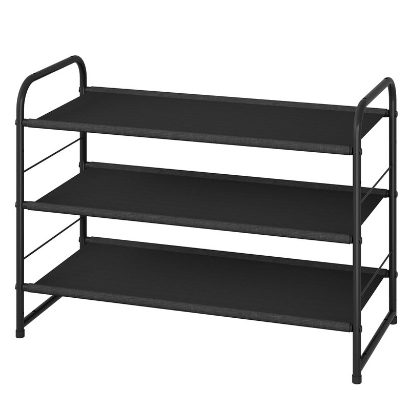 Simple Trending 3 Tier Stackable Shoe Rack Expandable Adjustable Fabric Shoe Shelf Storage Organizer Black