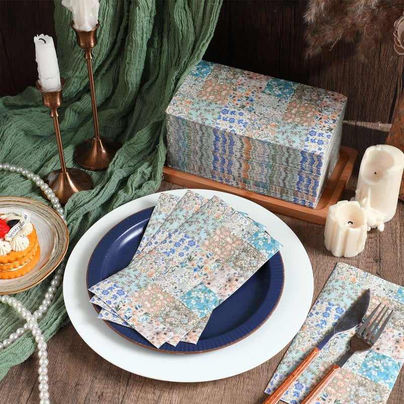 Epakh 200 Pcs Bulk Vintage Floral Guest Towels 2 Ply Disposable Boho Patchwork Dinner Napkins Retro Mid Century Flowers Decorative Hand Towels for Tea Party Spring Bathroom Wedding Holiday  7.9 x 4.3"" - Image 2