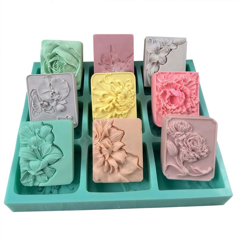 iBest 9 Cavities Mixed Flower Soap Mold,Handmade Soap Making Silicone Tray,Flower Silicone Molds for Natural Soap,Scented Candle Wax,Plaster Diffuser,Crystal Epoxy Decorations - Image 1