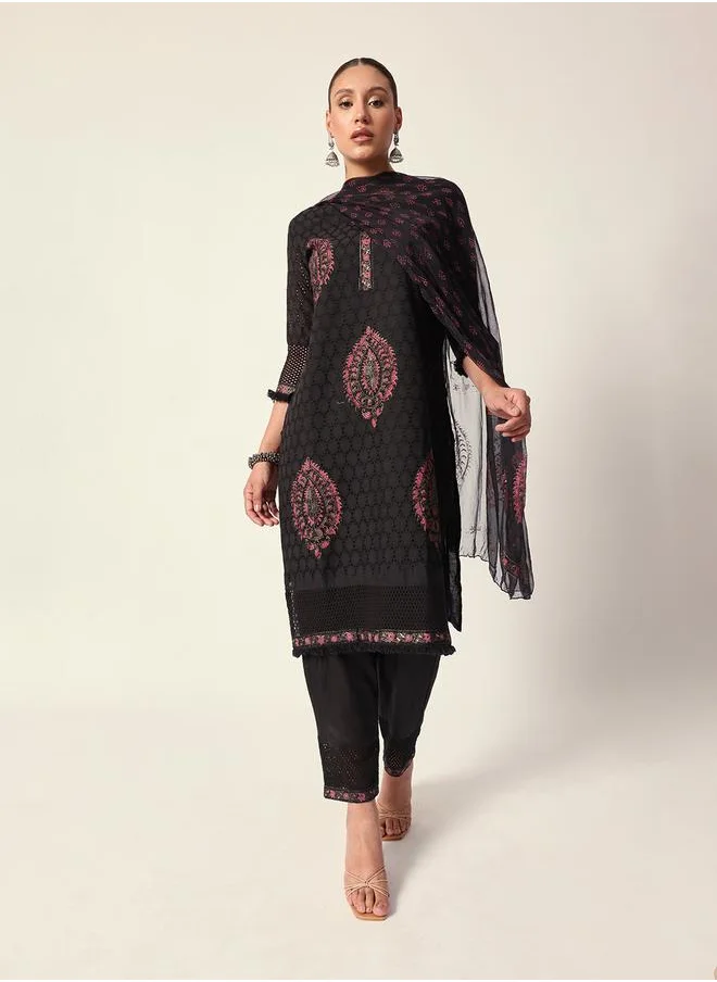 آي شين Women's Black Cotton Textured Tunic Full Palazzo Regular Fit Kurta Set