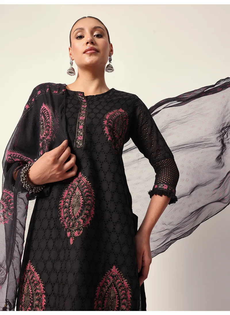 آي شين Women's Black Cotton Textured Tunic Full Palazzo Regular Fit Kurta Set